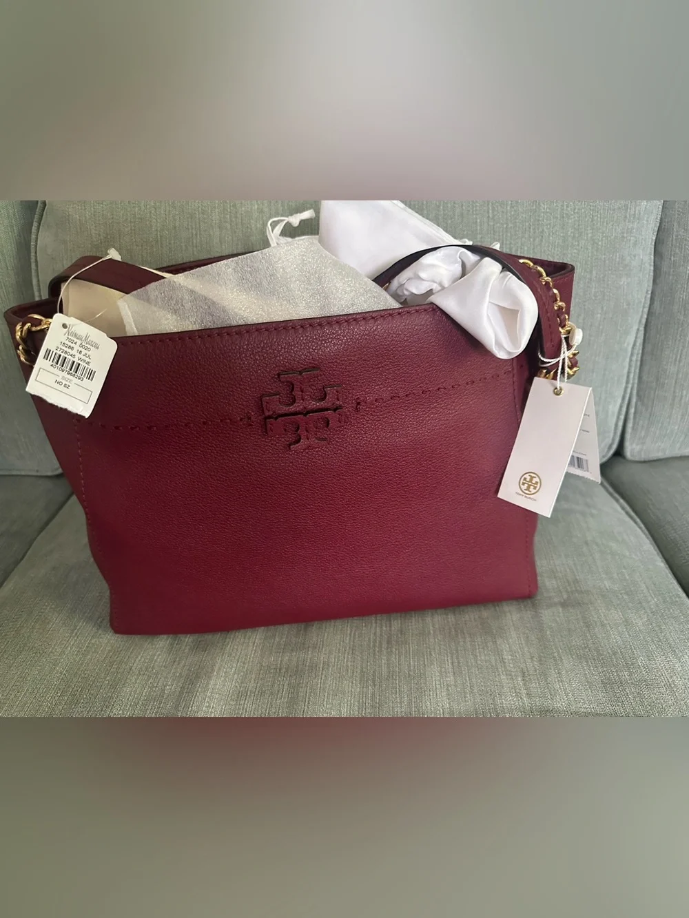 Tory Burch Burgundy Pebbled Leather Shoulder Bag with Gold Chain Detail